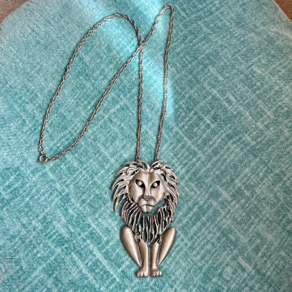 Vintage MCM Articulated Pewter Lion Pendant on Chain